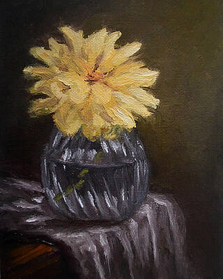 Kelly Lane's complete oil painting of a yellow flower in a dark glass vase